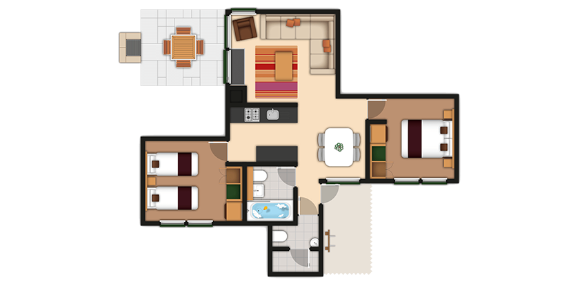 Floor plan displays a furnished apartment, showing a living room with sofa, adjacent kitchen, dining area, master bedroom, twin bedroom, full bathroom, entry hall, and outdoor patio with table.