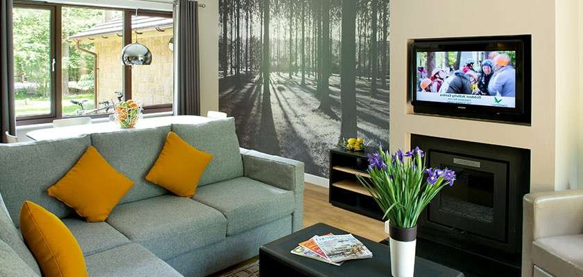 Sofa with orange cushions faces a wall-mounted TV; flowers sit on a coffee table; modern living room with forest-mural wall, fireplace, large windows, and dining area. Text on TV unreadable.