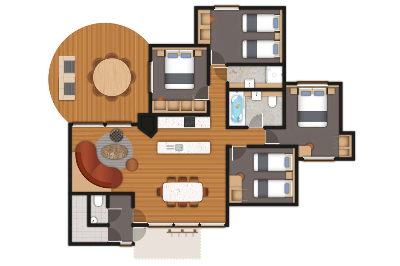A detailed floor plan illustration of a four bedroom Woodland Lodge. If you require further assistance viewing the floor plan or need further information please contact Guest Services.