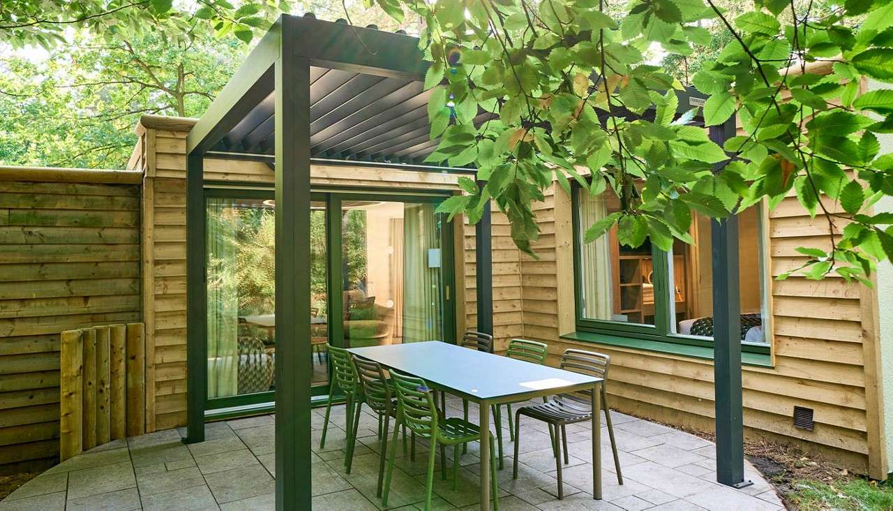Outdoor table with parasol.