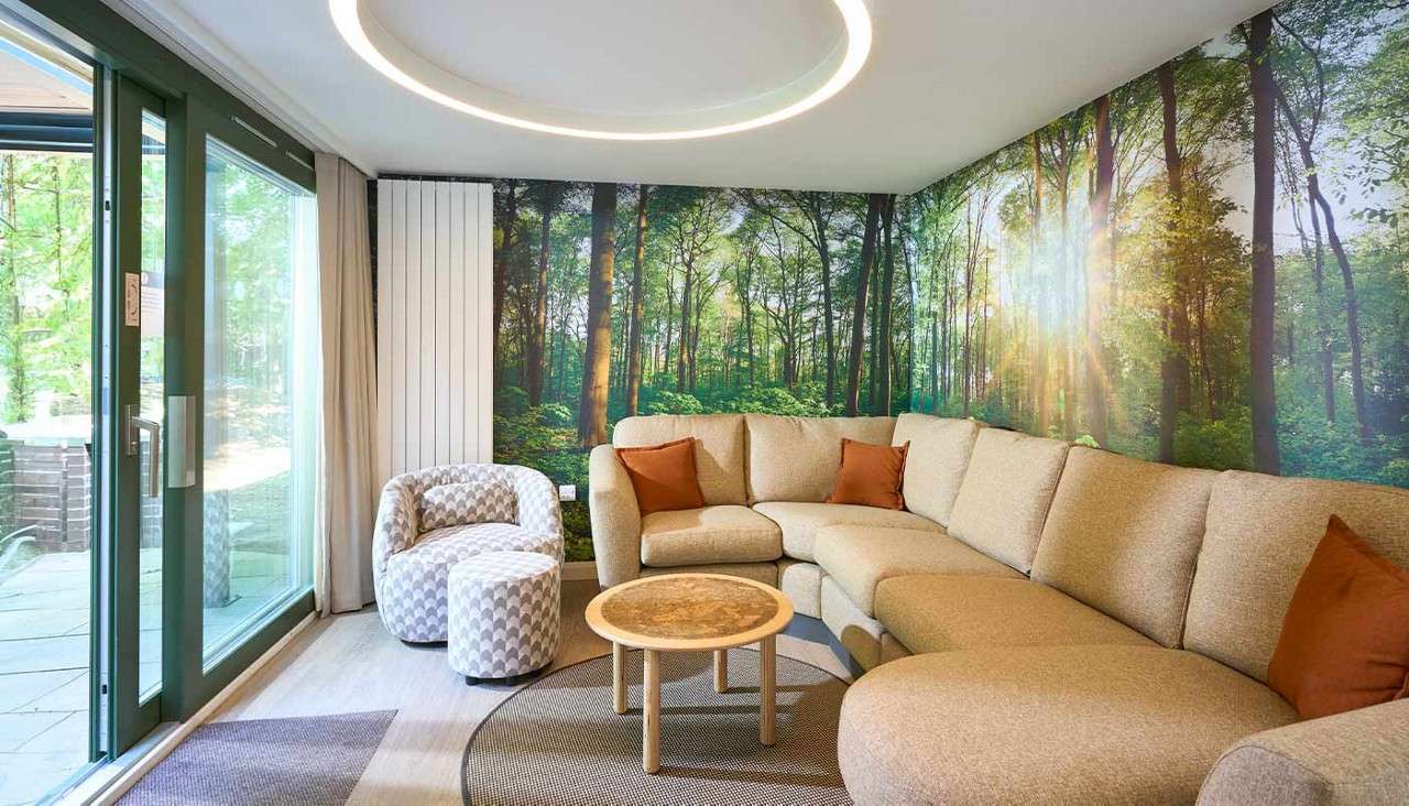 Dining area with scenic outside view.