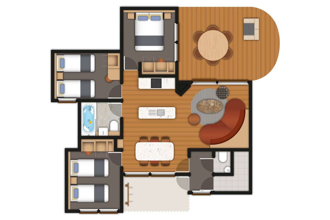 A detailed floor plan illustration of a three bedroom Woodland Lodge. If you require further assistance viewing the floor plan or need further information please contact Guest Services.