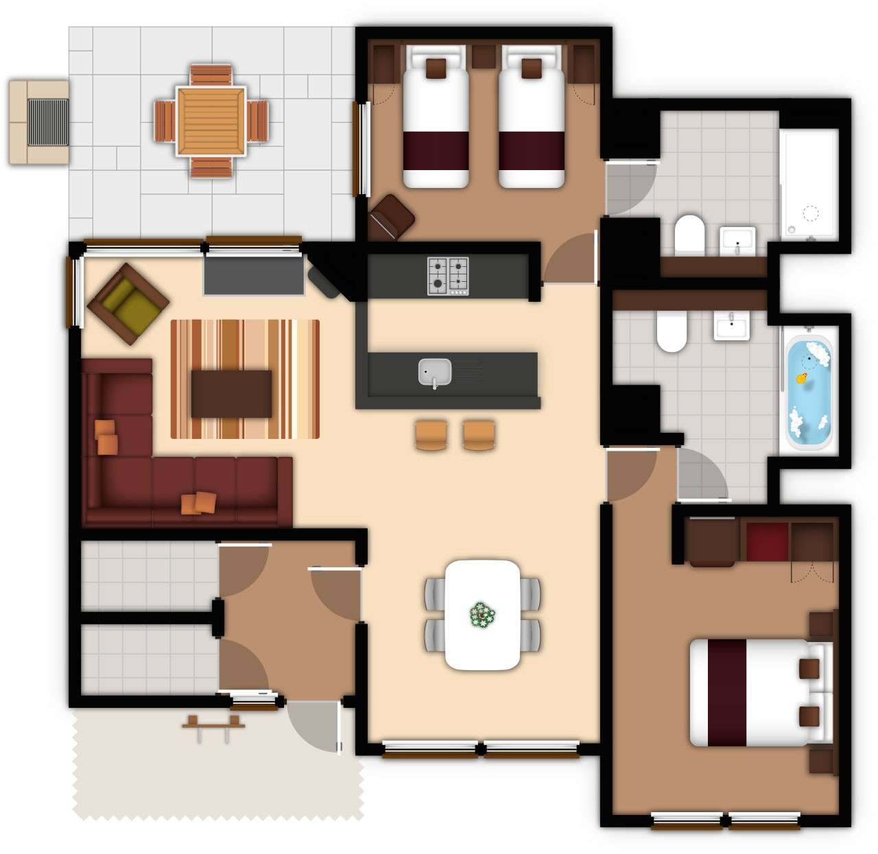 A detailed lodge floor plan illustration showing bedrooms, bathrooms, living area, kitchen and outdoor space. If you require further assistance viewing the floor plan or need further information on the accommodation type please contact Guest Services.