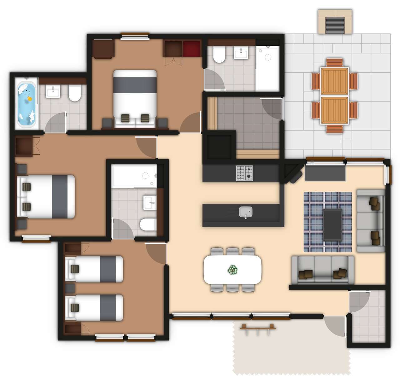 A detailed lodge floor plan illustration showing bedrooms, bathrooms, living area, kitchen and outdoor space. If you require further assistance viewing the floor plan or need further information on the accommodation type please contact Guest Services.