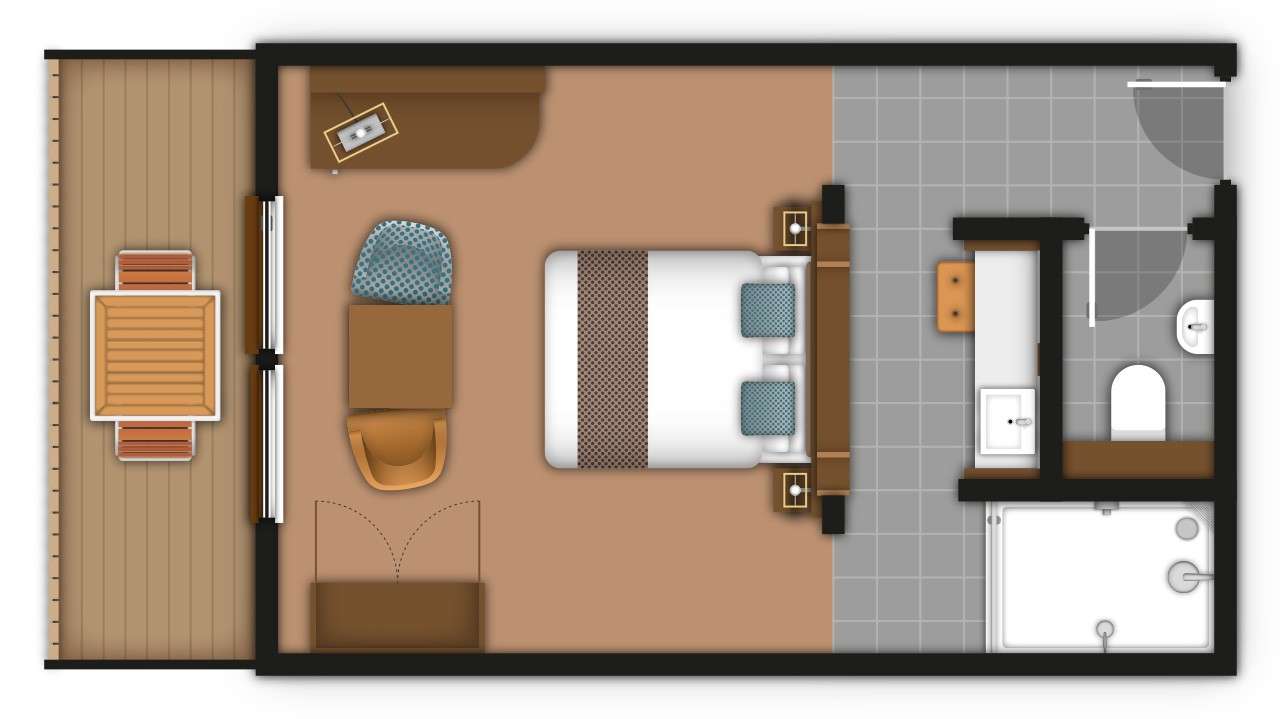 A detailed hotel room floor plan illustration showing bedroom, bathrooms, living area, kitchen and outdoor space. If you require further assistance viewing the floor plan or need further information on the accommodation type please contact Guest Services.