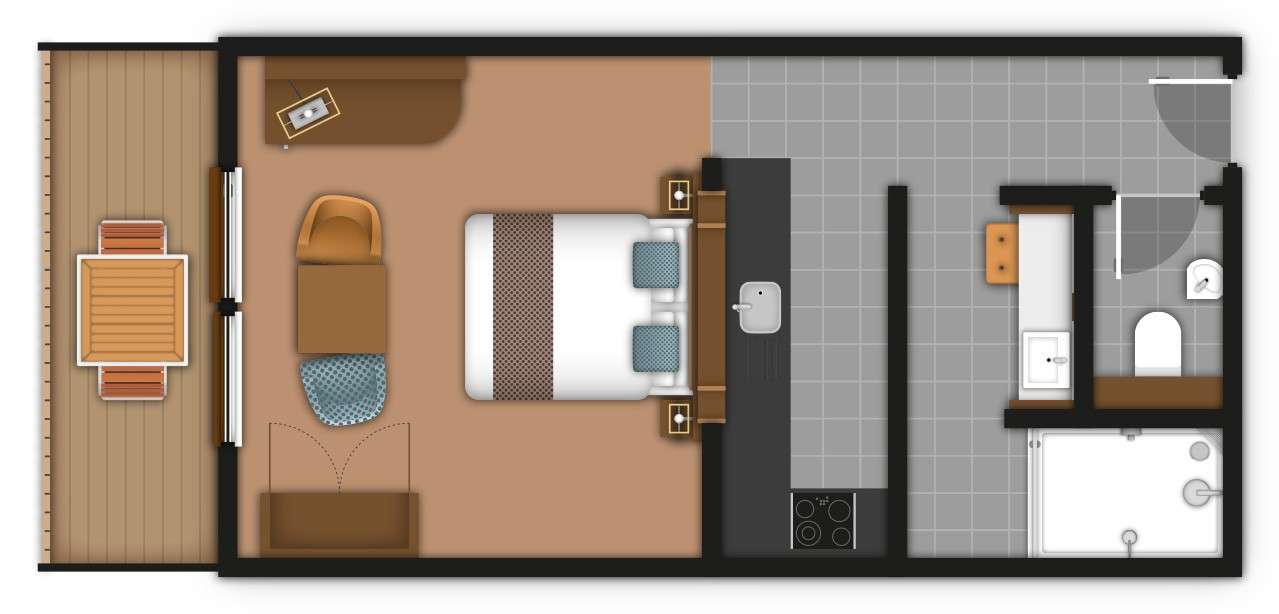 A detailed lodge floor plan illustration showing sleeping area, bathroom, living area, kitchen and outdoor space. If you require further assistance viewing the floor plan or need further information on the accommodation type please contact Guest Services.