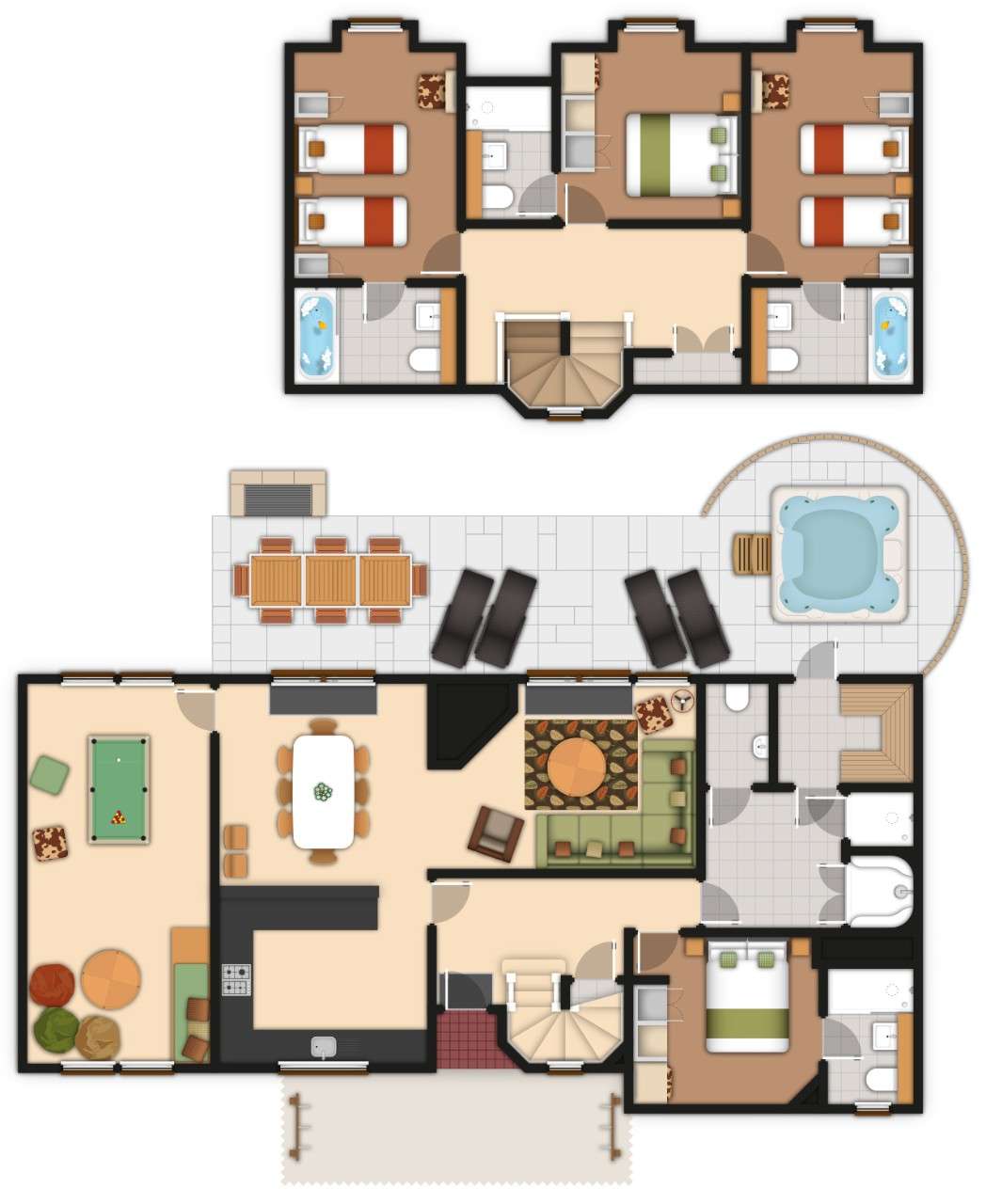 A detailed lodge floor plan illustration showing bedrooms, bathrooms, living area, kitchen, games room and outdoor space. If you require further assistance viewing the floor plan or need further information on the accommodation type please contact Guest Services.