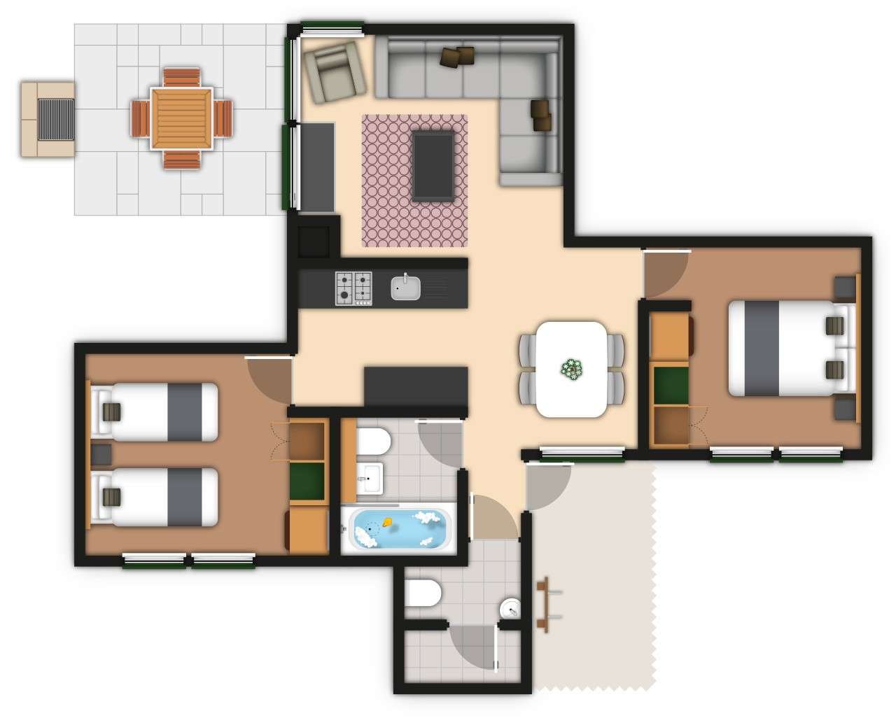 A detailed lodge floor plan illustration showing bedrooms, bathrooms, living area, kitchen and outdoor space. If you require further assistance viewing the floor plan or need further information on the accommodation type please contact Guest Services.