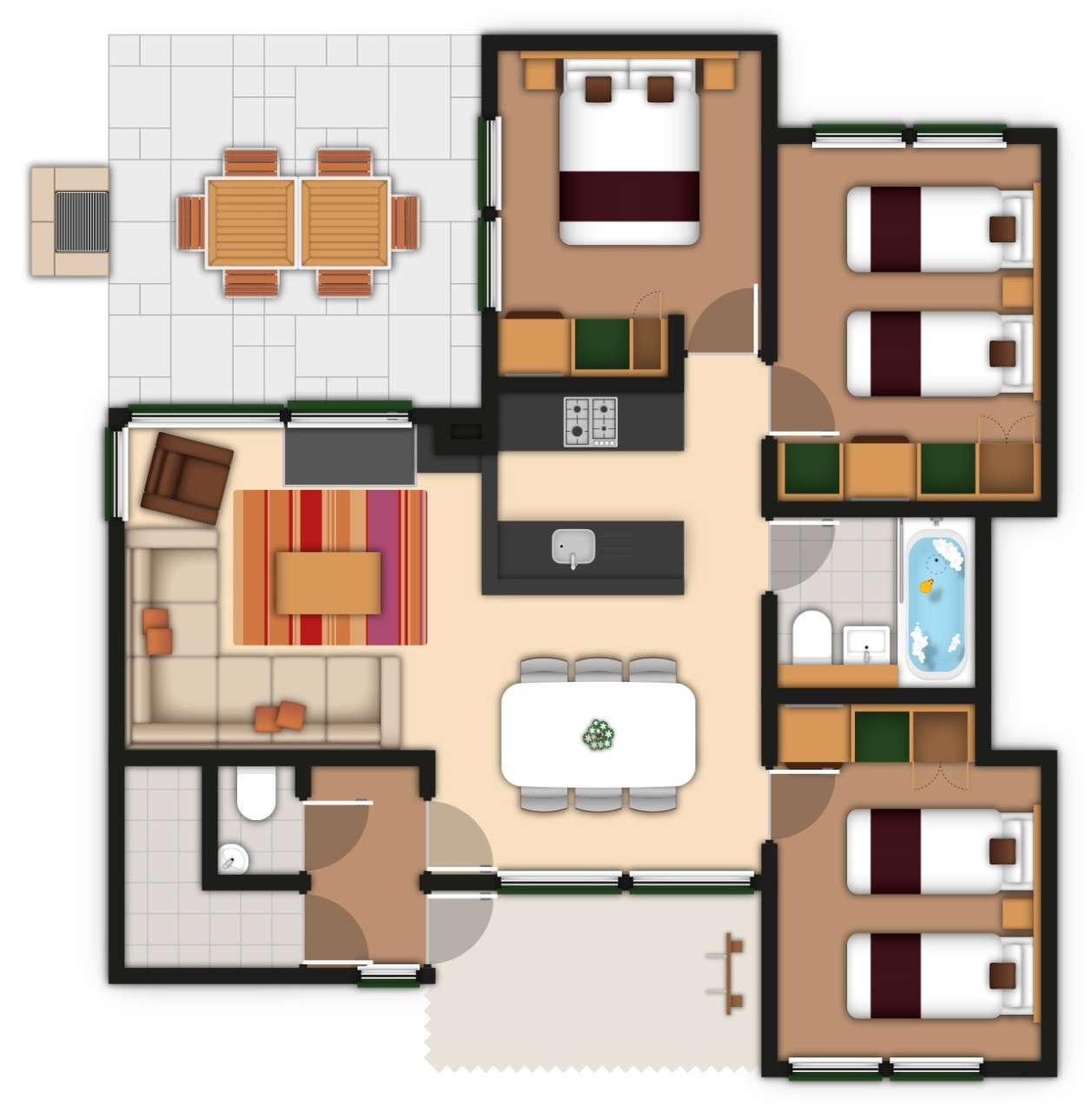 A detailed lodge floor plan illustration showing bedrooms, bathrooms, living area, kitchen and outdoor space. If you require further assistance viewing the floor plan or need further information on the accommodation type please contact Guest Services.