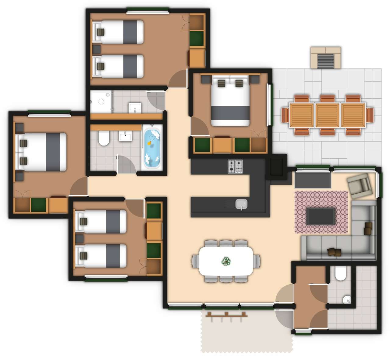 A detailed lodge floor plan illustration showing bedrooms, bathrooms, living area, kitchen and outdoor space. If you require further assistance viewing the floor plan or need further information on the accommodation type please contact Guest Services.