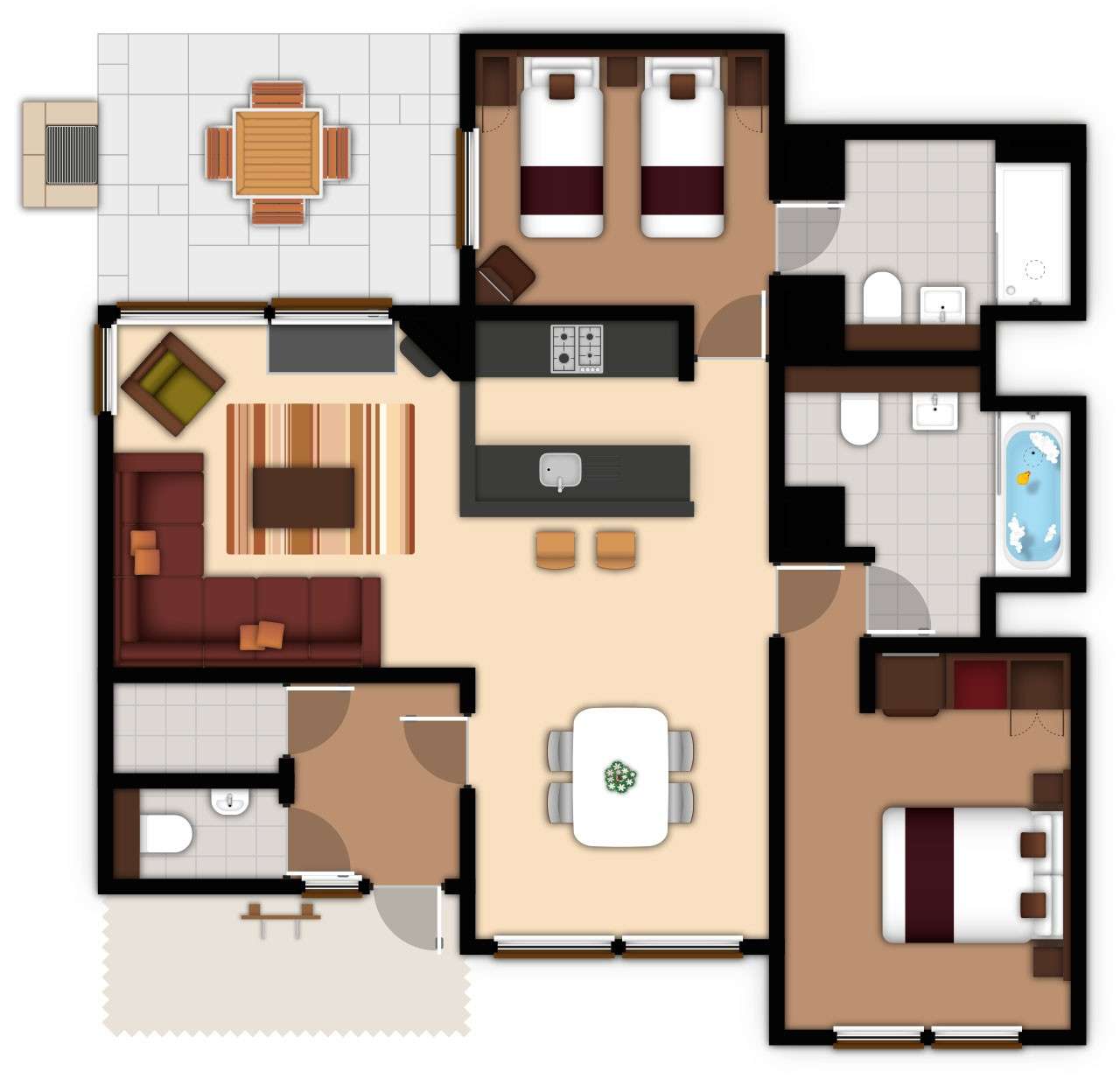A detailed lodge floor plan illustration showing bedrooms, bathrooms, living area, kitchen, and outdoor space. If you require further assistance viewing the floor plan or need further information on the accommodation type please contact Guest Services.