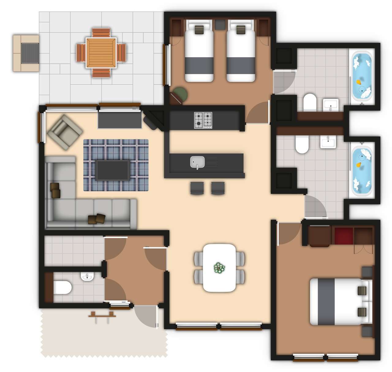 A detailed lodge floor plan illustration showing bedrooms, bathrooms, living area, kitchen, and outdoor space. If you require further assistance viewing the floor plan or need further information on the accommodation type please contact Guest Services.