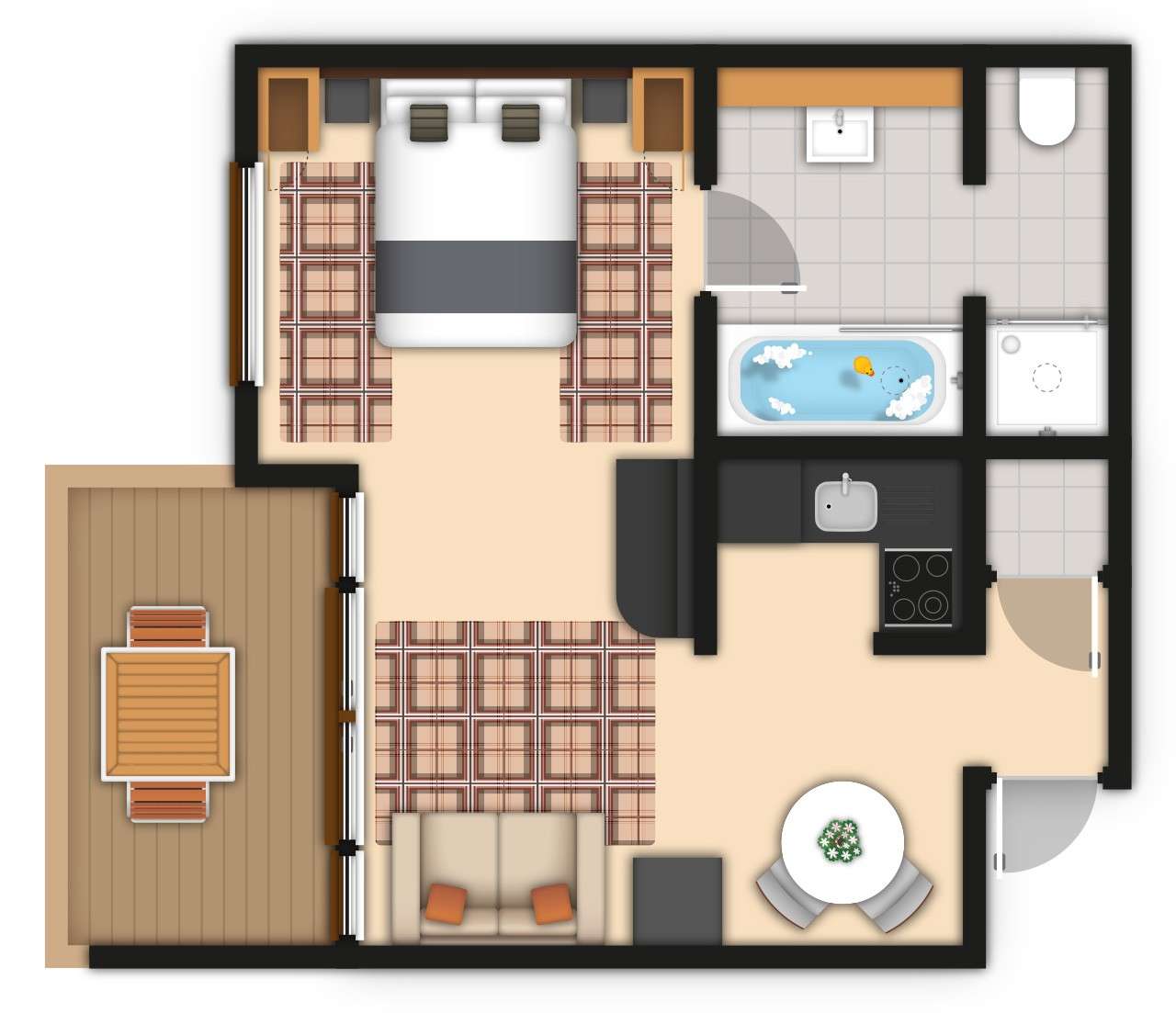 A detailed apartment floor plan illustration showing bedroom, bathrooms, living area, kitchen, and outdoor space. If you require further assistance viewing the floor plan or need further information on the accommodation type please contact Guest Services.