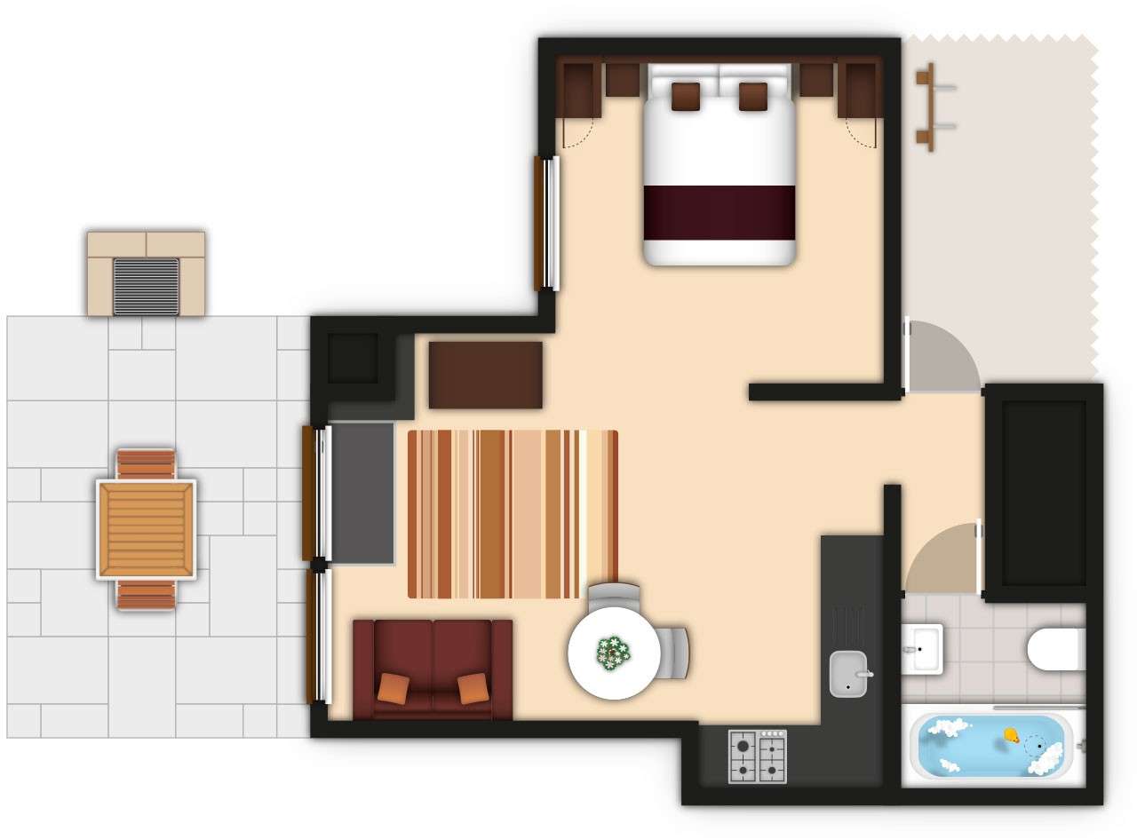 A detailed lodge floor plan illustration showing bedroom, bathroom, living area, kitchen and outdoor space. If you require further assistance viewing the floor plan or need further information on the accommodation type please contact Guest Services.