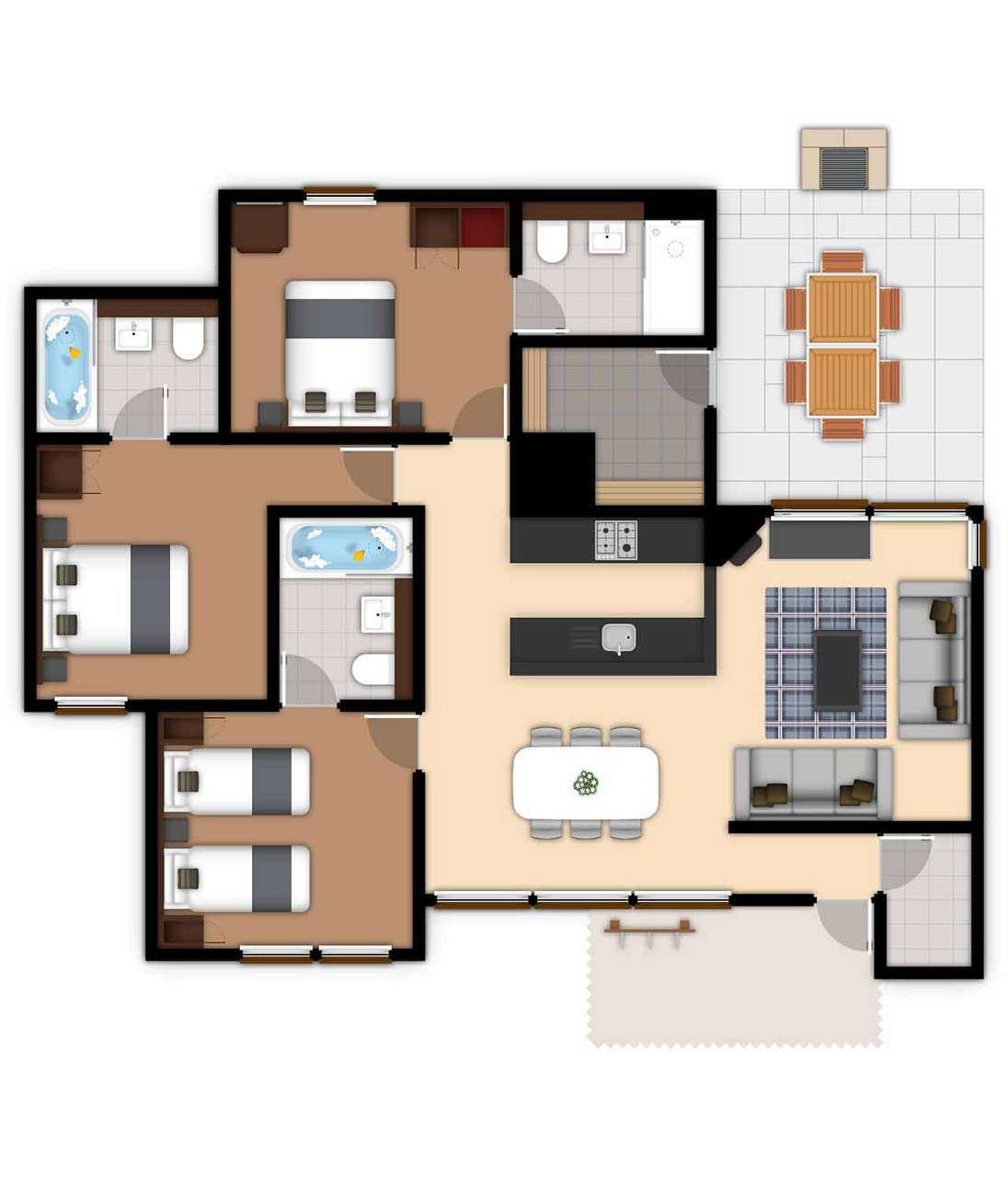 A detailed lodge floor plan illustration showing bedrooms, bathrooms, living area, kitchen and outdoor space. If you require further assistance viewing the floor plan or need further information on the accommodation type please contact Guest Services.