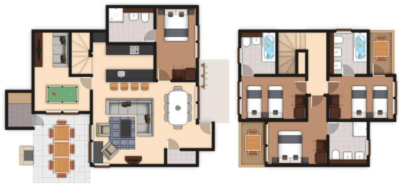 A detailed lodge floor plan illustration showing bedrooms, bathrooms, living area, kitchen games area and outdoor space. If you require further assistance viewing the floor plan or need further information on the accommodation type please contact Guest Services.