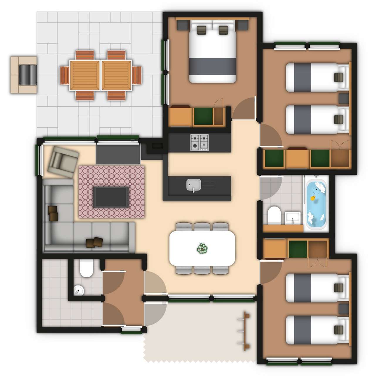 A detailed lodge floor plan illustration showing bedrooms, bathrooms, living area, kitchen and outdoor space. If you require further assistance viewing the floor plan or need further information on the accommodation type please contact Guest Services.