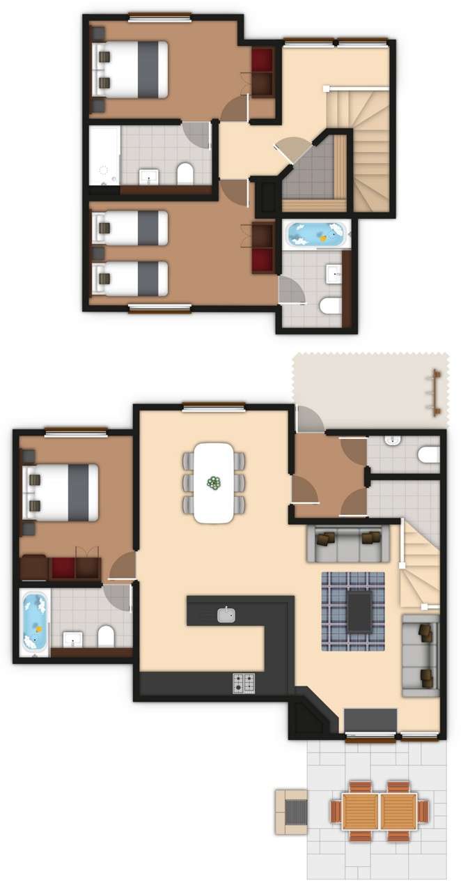 A detailed lodge floor plan illustration showing bedrooms, bathrooms, living area, kitchen and outdoor space. If you require further assistance viewing the floor plan or need further information on the accommodation type please contact Guest Services.