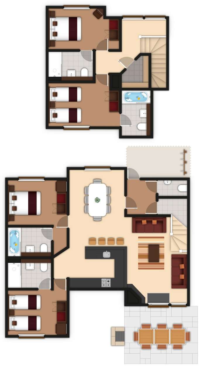 A detailed lodge floor plan illustration showing bedrooms, bathrooms, living area, kitchen and outdoor space. If you require further assistance viewing the floor plan or need further information on the accommodation type please contact Guest Services.