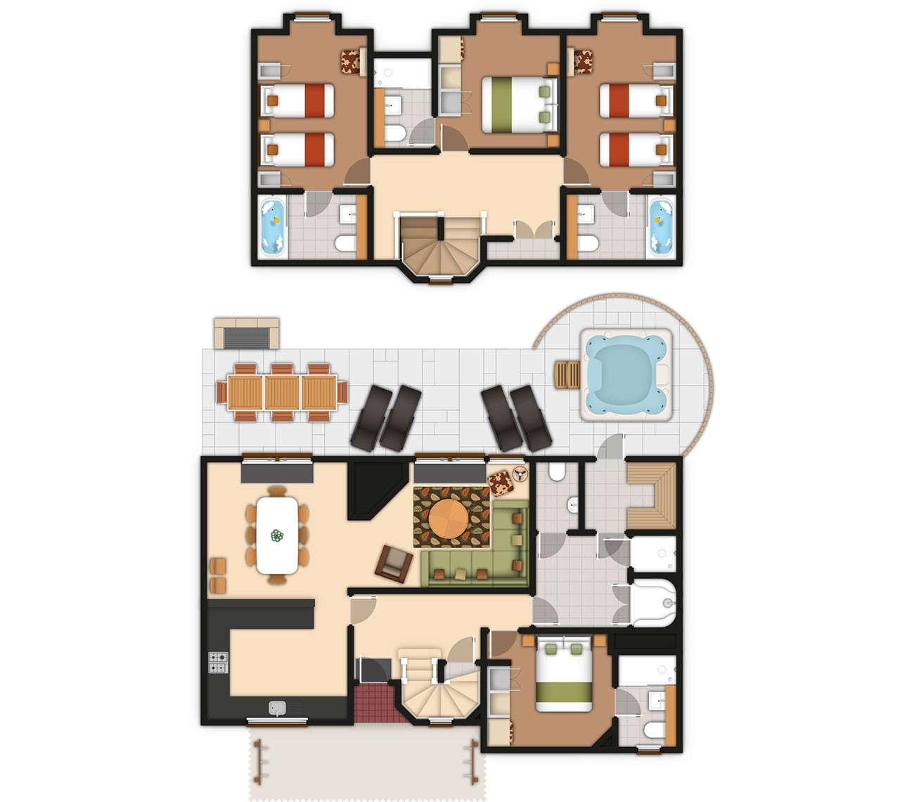 A detailed lodge floor plan illustration showing bedrooms, bathrooms, living area, kitchen and outdoor space. If you require further assistance viewing the floor plan or need further information on the accommodation type please contact Guest Services.