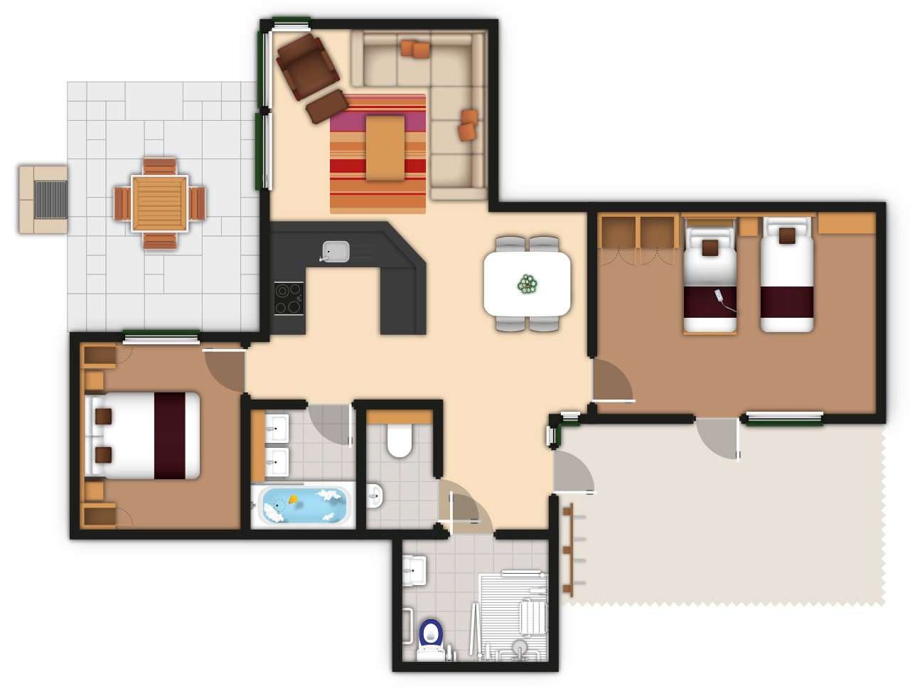 A detailed lodge floor plan illustration showing bedrooms, bathrooms, living area, kitchen and outdoor space. If you require further assistance viewing the floor plan or need further information on the accommodation type please contact Guest Services.