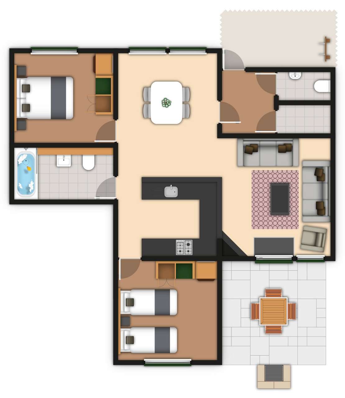 A detailed lodge floor plan illustration showing bedrooms, bathrooms, living area, kitchen and outdoor space. If you require further assistance viewing the floor plan or need further information on the accommodation type please contact Guest Services.