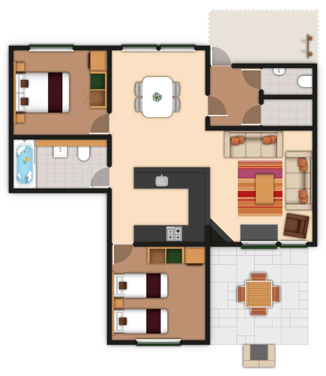 A detailed lodge floor plan illustration showing bedrooms, bathrooms, living area, kitchen and outdoor space. If you require further assistance viewing the floor plan or need further information on the accommodation type please contact Guest Services.