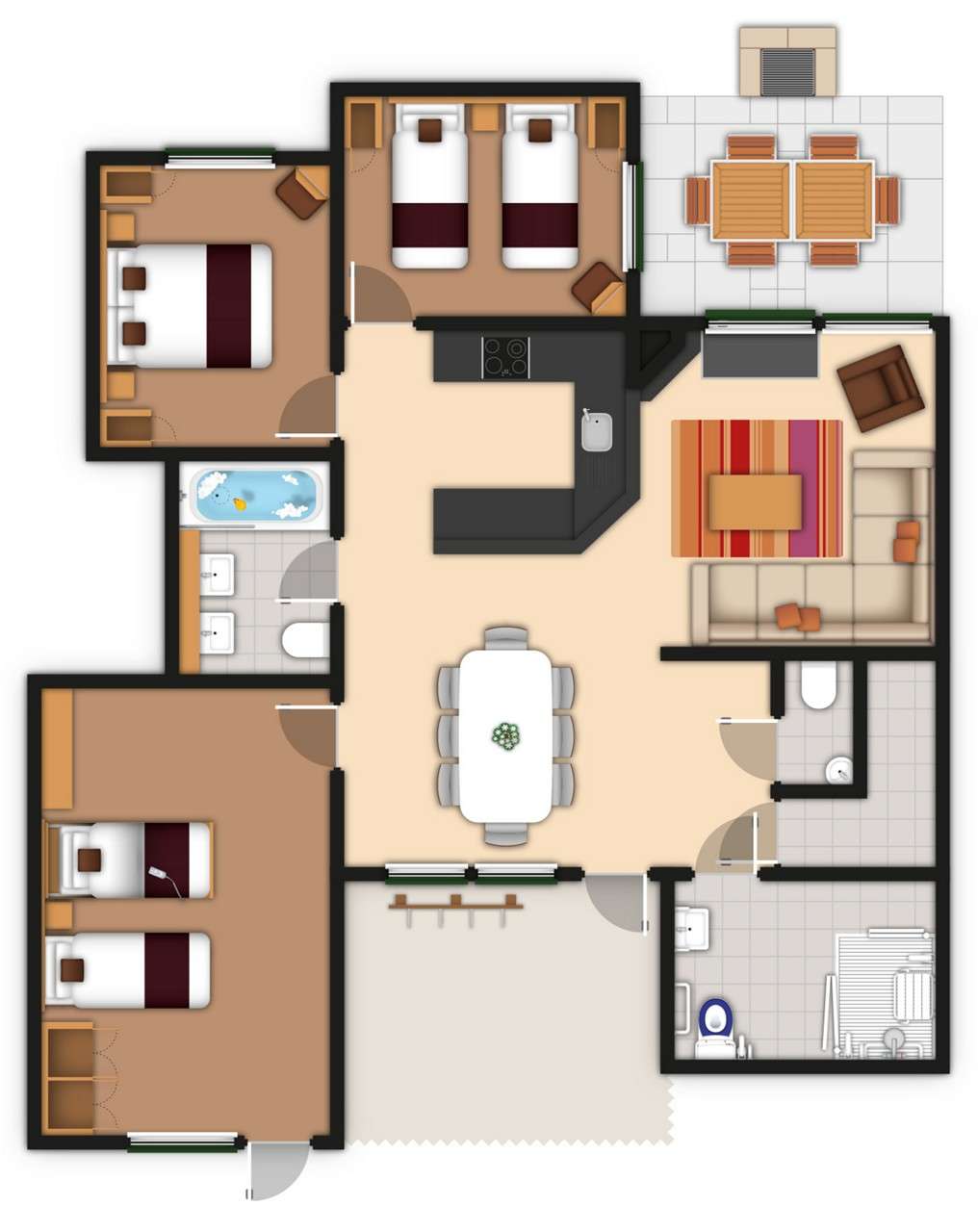 A detailed lodge floor plan illustration showing bedrooms, bathrooms, living area, kitchen and outdoor space. If you require further assistance viewing the floor plan or need further information on the accommodation type please contact Guest Services.