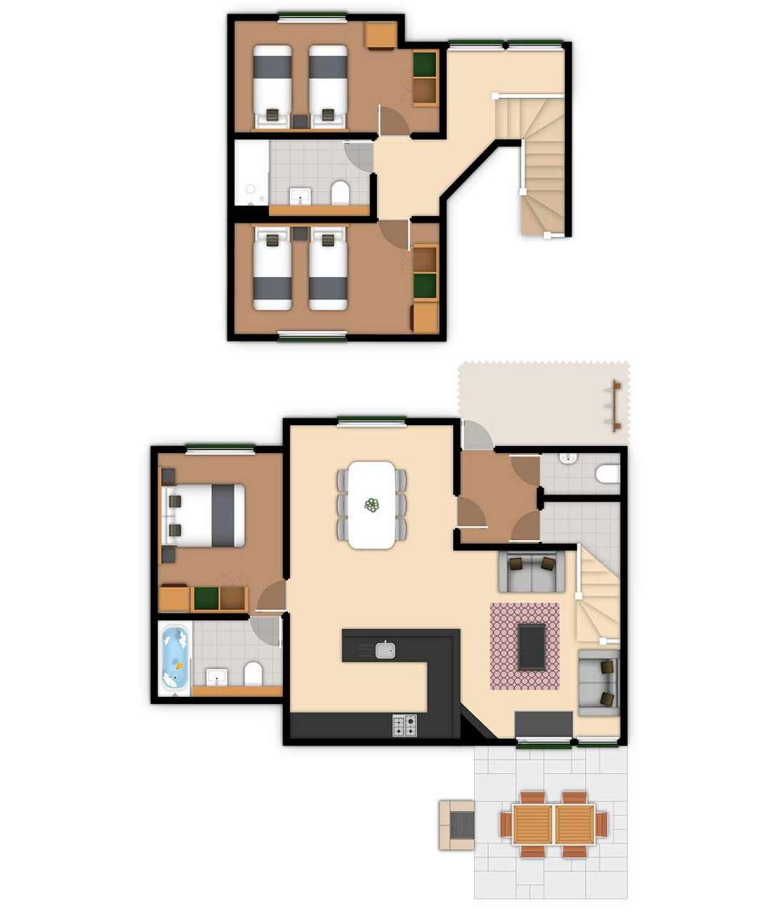 A detailed lodge floor plan illustration showing bedrooms, bathrooms, living area, kitchen and outdoor space. If you require further assistance viewing the floor plan or need further information on the accommodation type please contact Guest Services.
