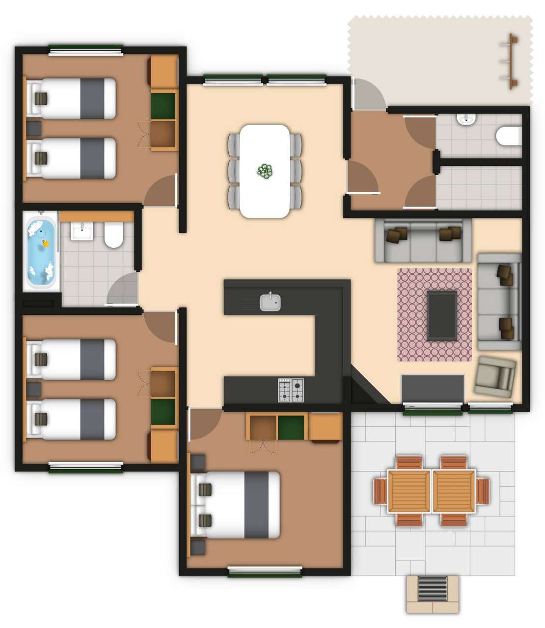 A detailed lodge floor plan illustration showing bedrooms, bathrooms, living area, kitchen and outdoor space. If you require further assistance viewing the floor plan or need further information on the accommodation type please contact Guest Services.