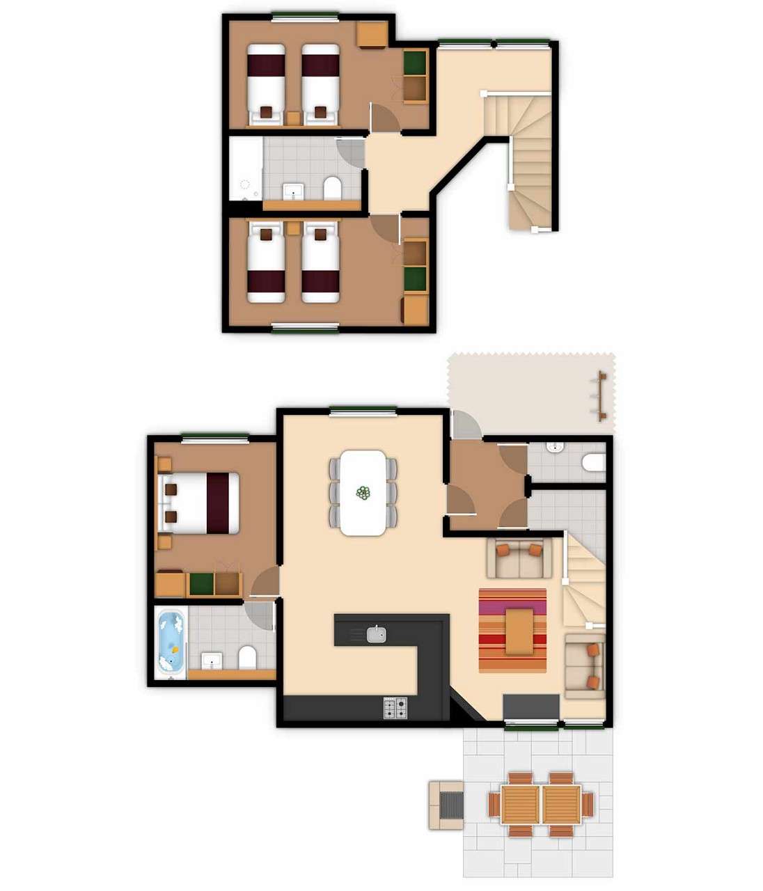 A detailed lodge floor plan illustration showing bedrooms, bathrooms, living area, kitchen and outdoor space. If you require further assistance viewing the floor plan or need further information on the accommodation type please contact Guest Services.
