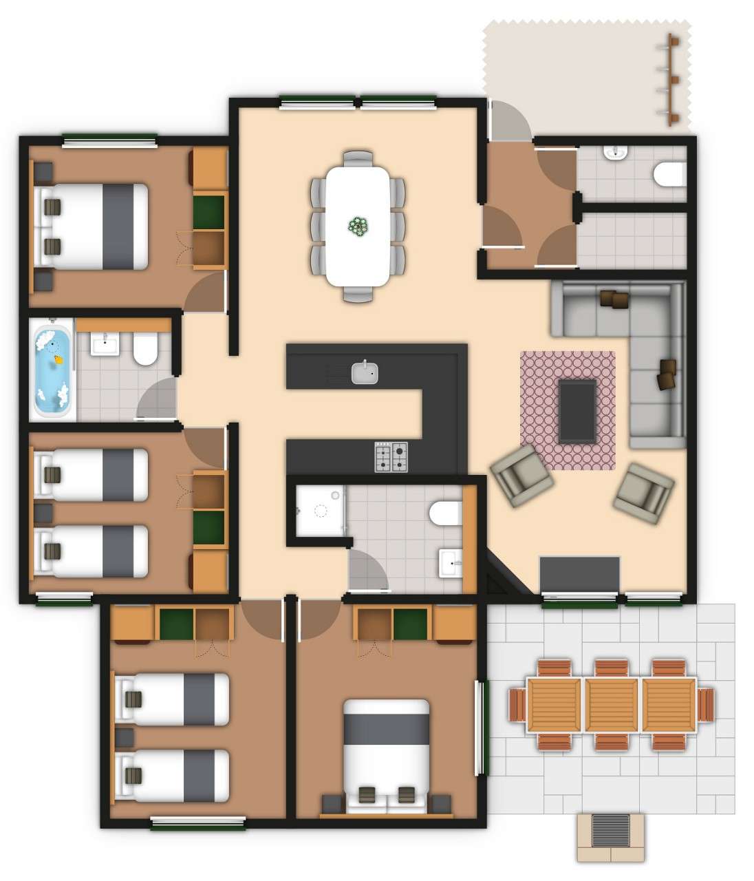 A detailed lodge floor plan illustration showing bedrooms, bathrooms, living area, kitchen and outdoor space. If you require further assistance viewing the floor plan or need further information on the accommodation type please contact Guest Services.