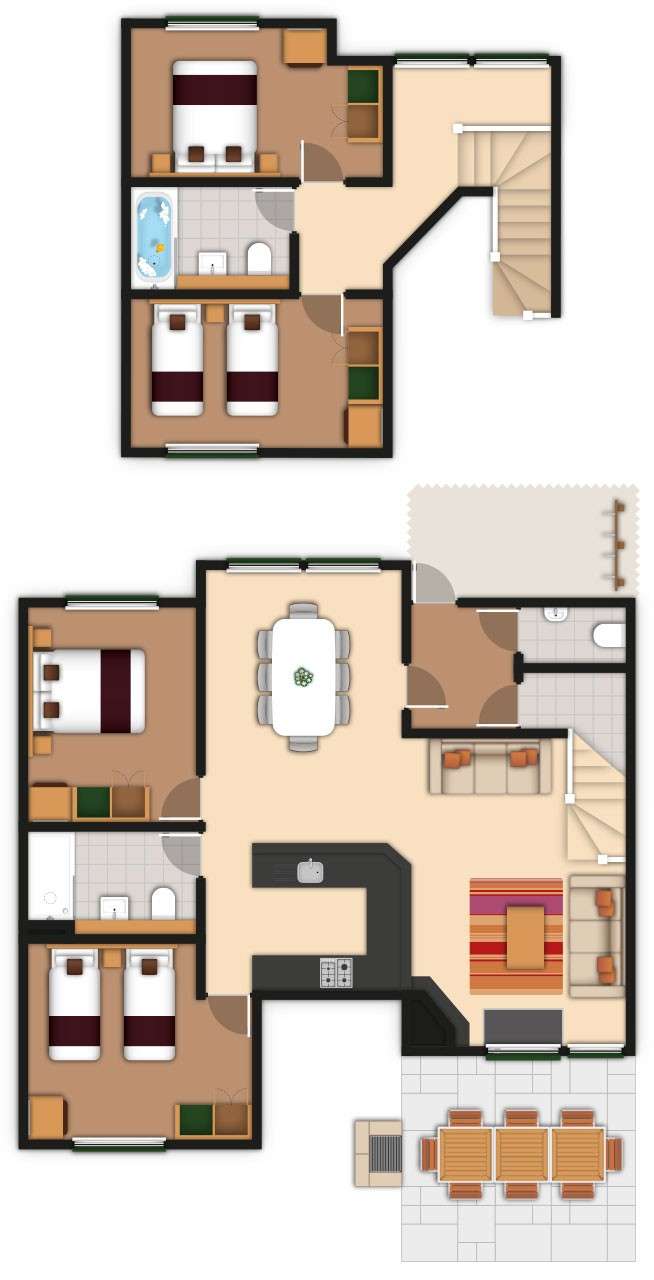 A detailed lodge floor plan illustration showing bedrooms, bathrooms, living area, kitchen and outdoor space. If you require further assistance viewing the floor plan or need further information on the accommodation type please contact Guest Services.