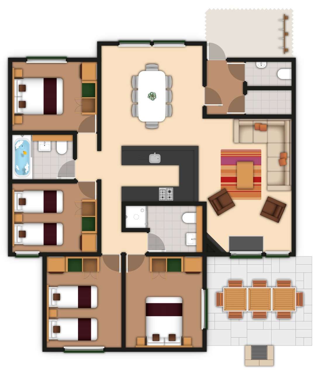 A detailed lodge floor plan illustration. If you require further assistance viewing the floor plan or need further information on the accommodation type please contact Guest Services.