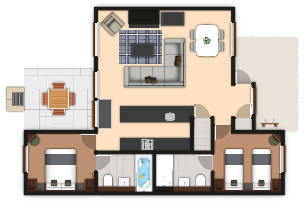 A detailed lodge floor plan illustration showing bedrooms, bathrooms, living area, kitchen, and outdoor space. If you require further assistance viewing the floor plan or need further information on the accommodation type please contact Guest Services.