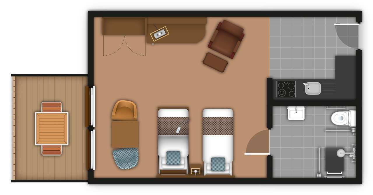 A detailed apartment floor plan illustration showing bedroom, bathroom, living area, kitchen, and outdoor space. If you require further assistance viewing the floor plan or need further information on the accommodation type please contact Guest Services.