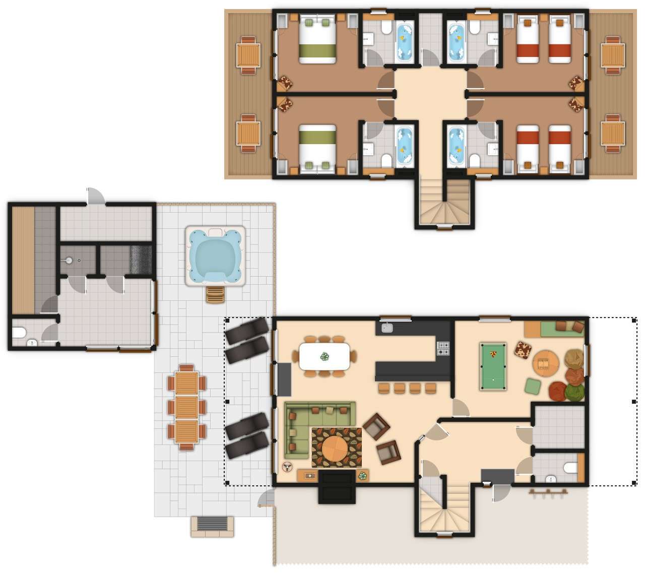 A detailed lodge floor plan illustration showing bedrooms, bathrooms, living area, kitchen, games room and outdoor space including hot tub. If you require further assistance viewing the floor plan or need further information on the accommodation type please contact Guest Services.