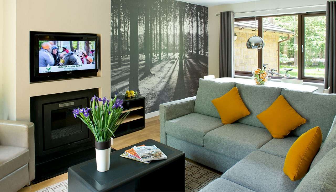 Sofa anchors seating; wall-mounted TV displays “Outdoor Activity Centre” (PHILIPS). Context: modern living room with fireplace, forest-mural feature wall, coffee table holding flowers and magazines, and a dining nook beside large windows.