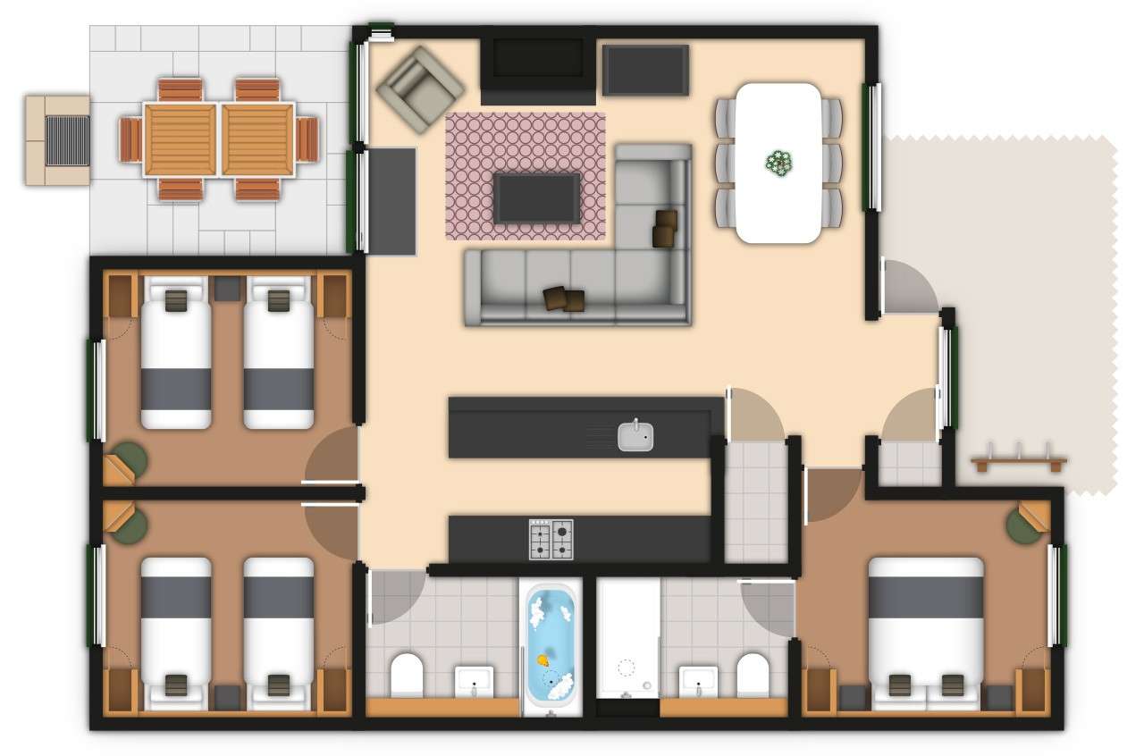 A detailed lodge floor plan illustration showing bedrooms, bathrooms, living area, kitchen, and outdoor space. If you require further assistance viewing the floor plan or need further information on the accommodation type please contact Guest Services.