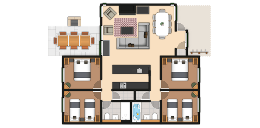 Floor plan displays four bedrooms flanking a central kitchen and hallway; a large living/dining area opens to a patio, with two bathrooms and an outdoor dining terrace adjacent.