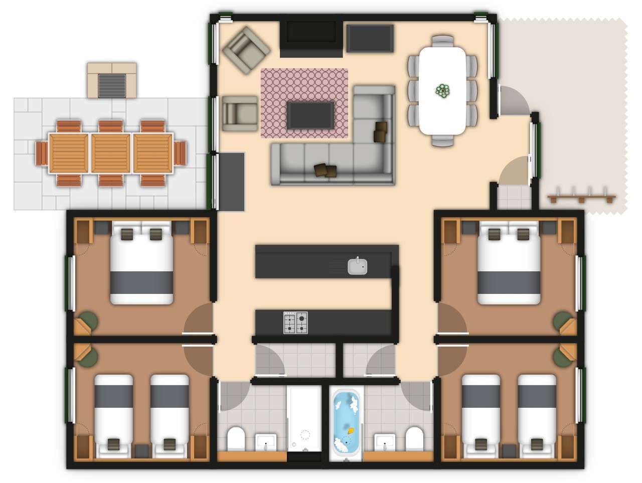 Floor plan depicts rooms arranged symmetrically: central open-plan living with sofa, TV, dining and kitchen island; four bedrooms flanking; two bathrooms at bottom; side patios with outdoor dining and entry.