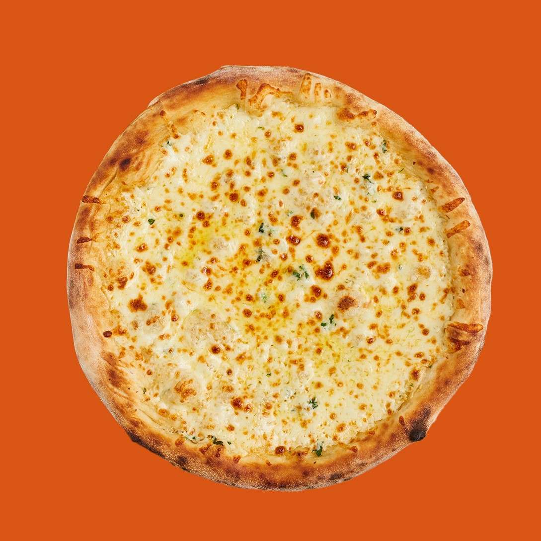 A whole cheese pizza sits centered, its melted golden-brown cheese bubbling lightly, on an orange background.