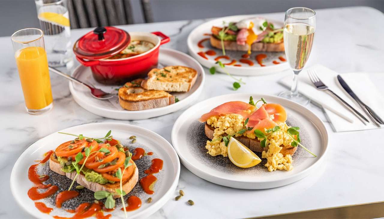 Brunch options including scrambled eggs on sourdough and lasagne. 