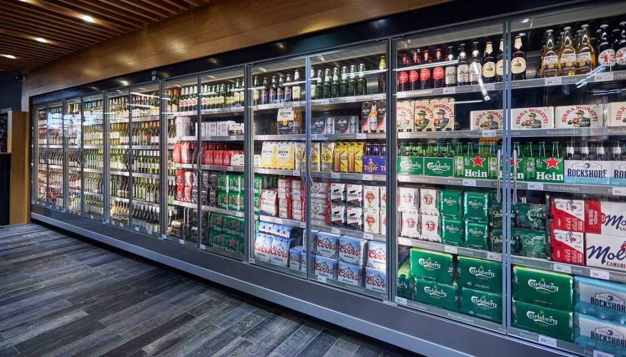 Alcohol aisle in the Parc Market supermarket