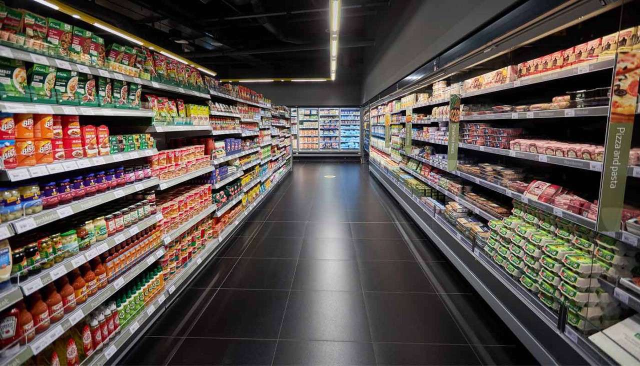 Condiments aisle in the Parc Market supermarket