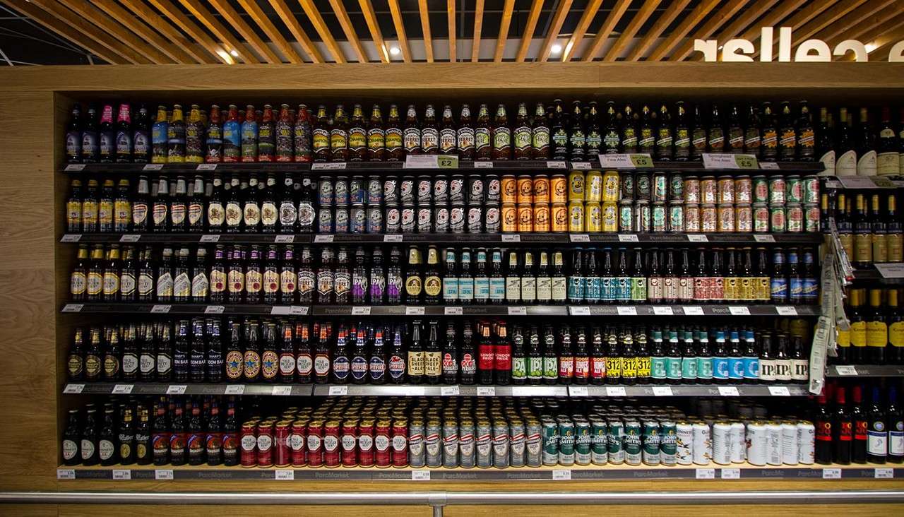 Alcohol aisle in the Parc Market supermarket