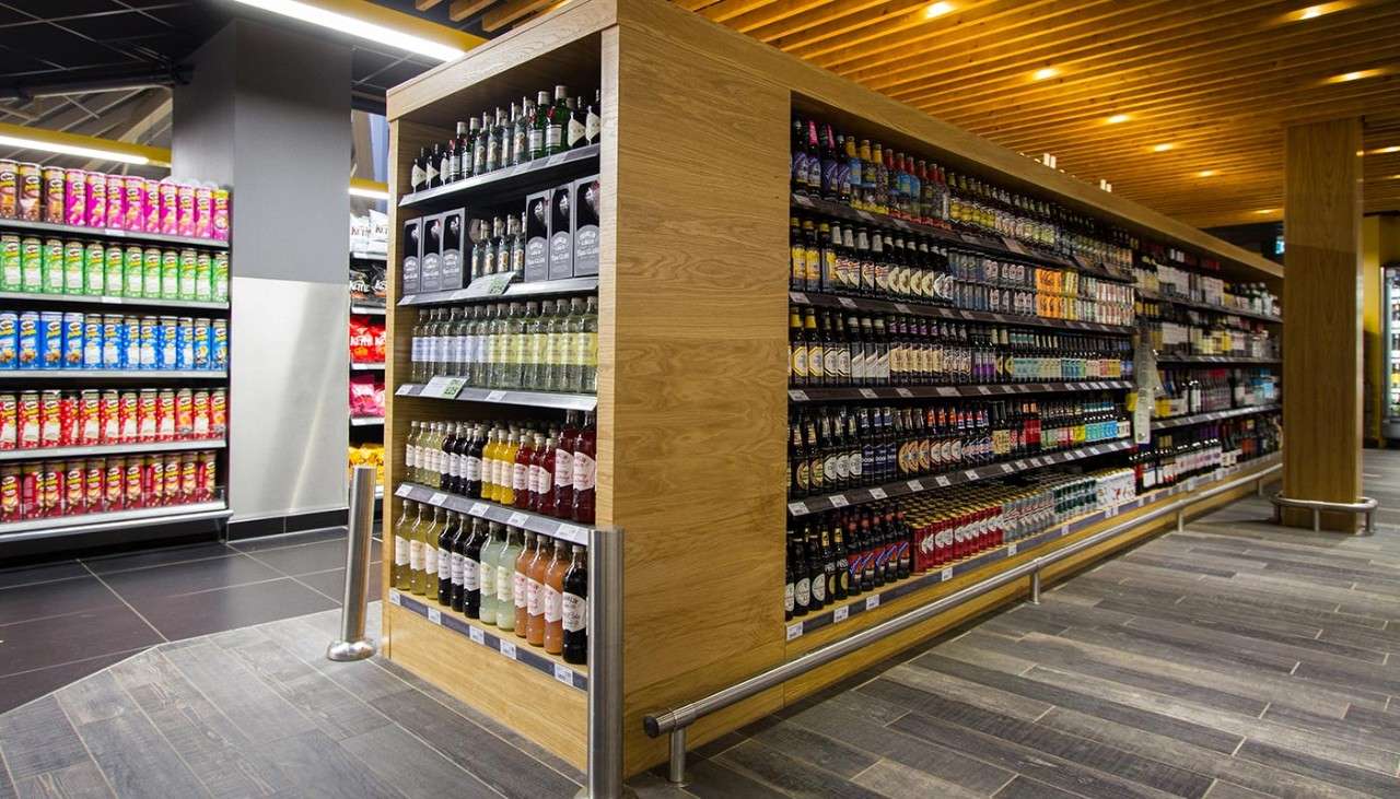 Alcohol aisle in the Parc Market supermarket