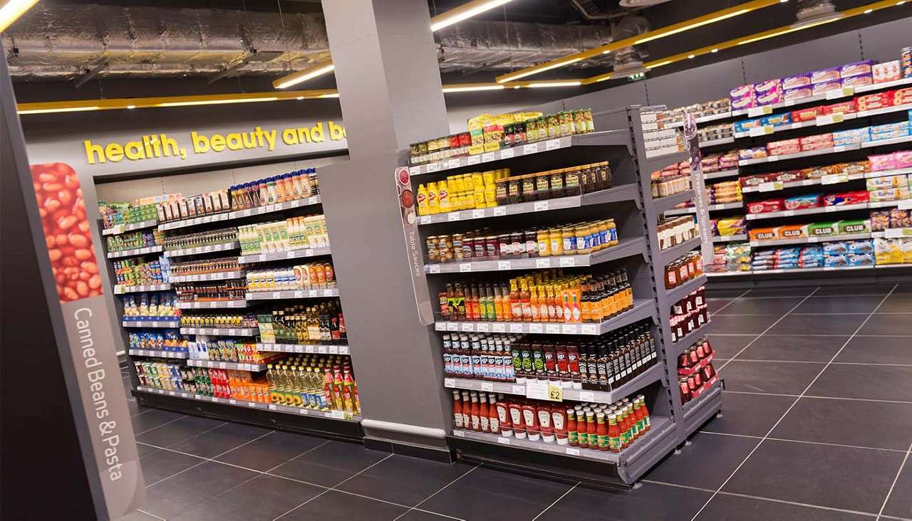Condiments aisle in the Parc Market supermarket