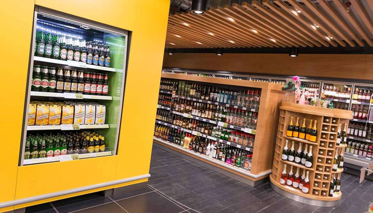 Alcohol aisle in the Parc Market supermarket