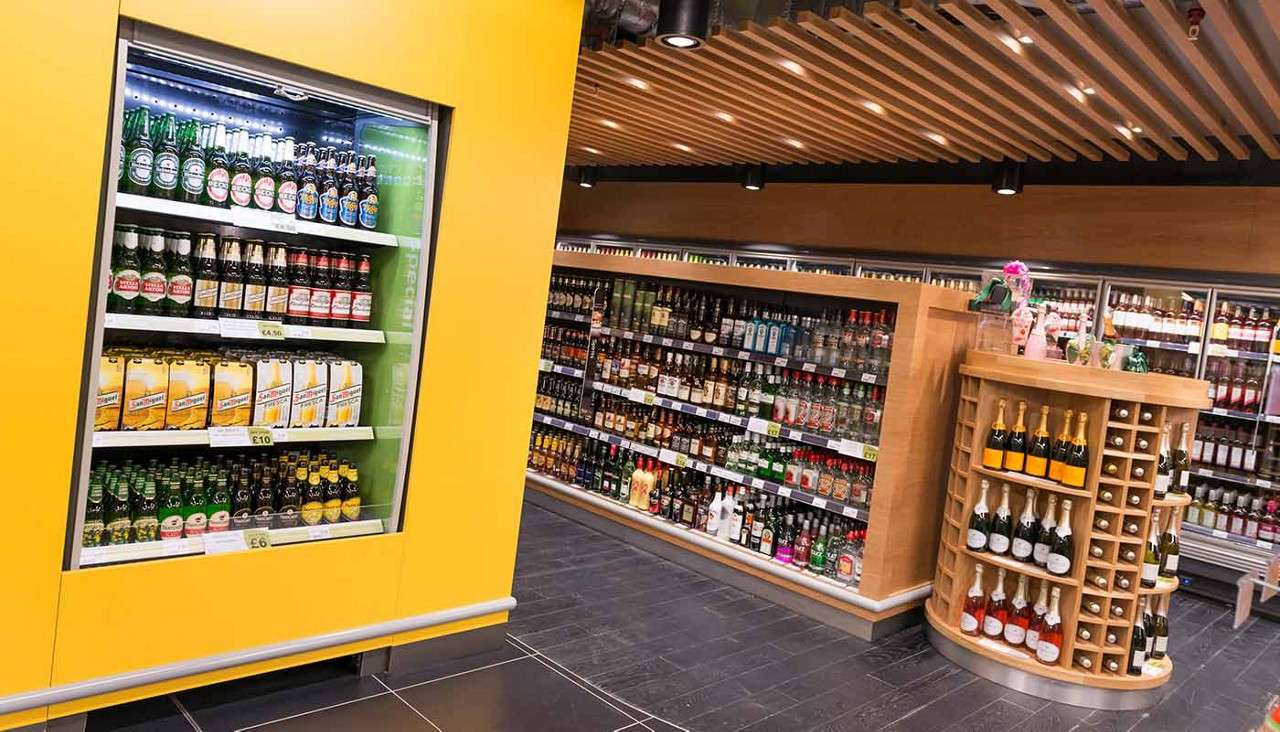 Alcohol aisle in the Parc Market supermarket